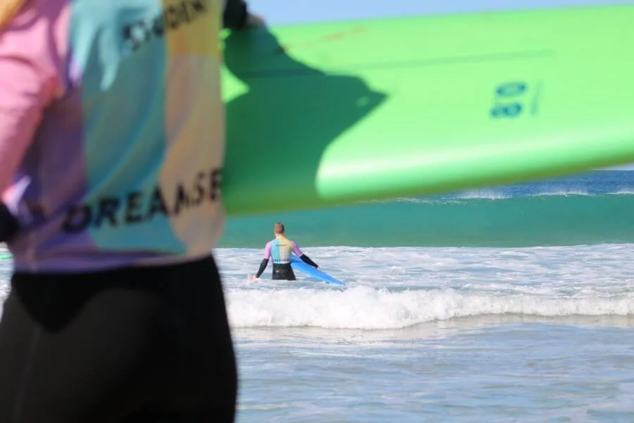 Surfkurs vom Dreamsea Surfcamp Fuerteventura mit Flowt Surfboards und bunten Lycras