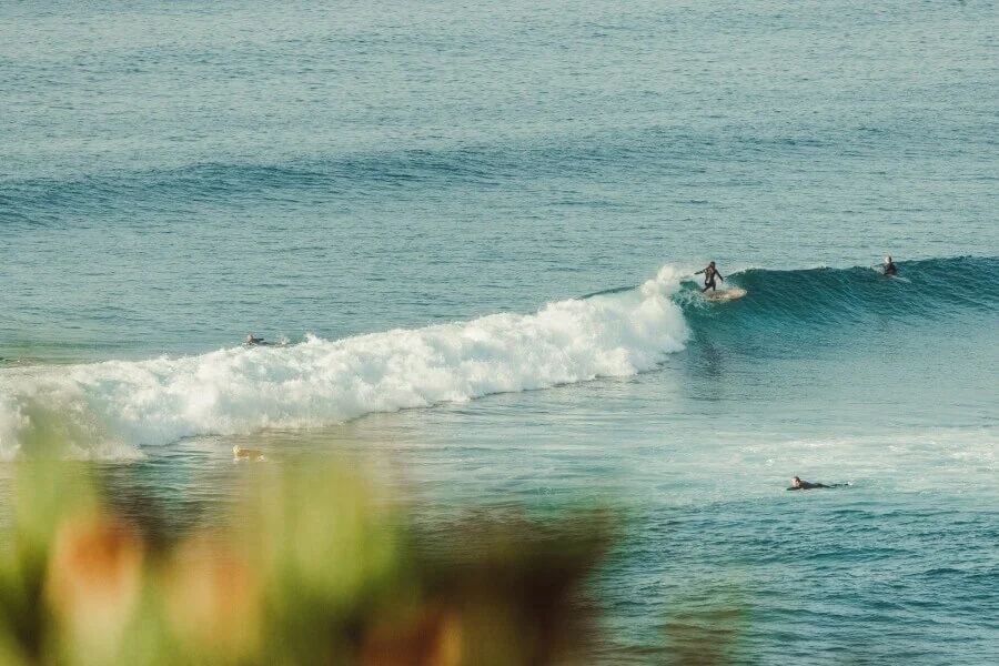 Gruppe von Surfern an einem der vielen schönen Surfspots in der Algarve